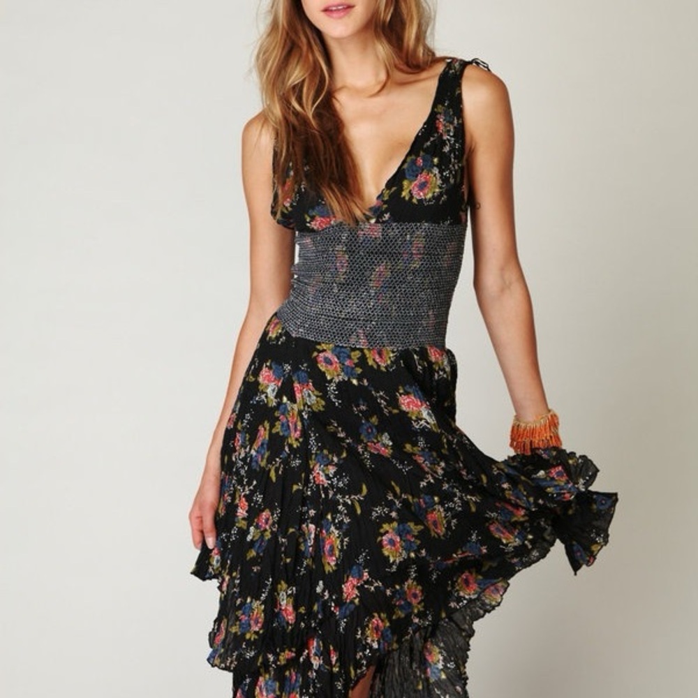 Free People FP One Wisteria Lattice Black Floral Smocked Asymmetrical Dress